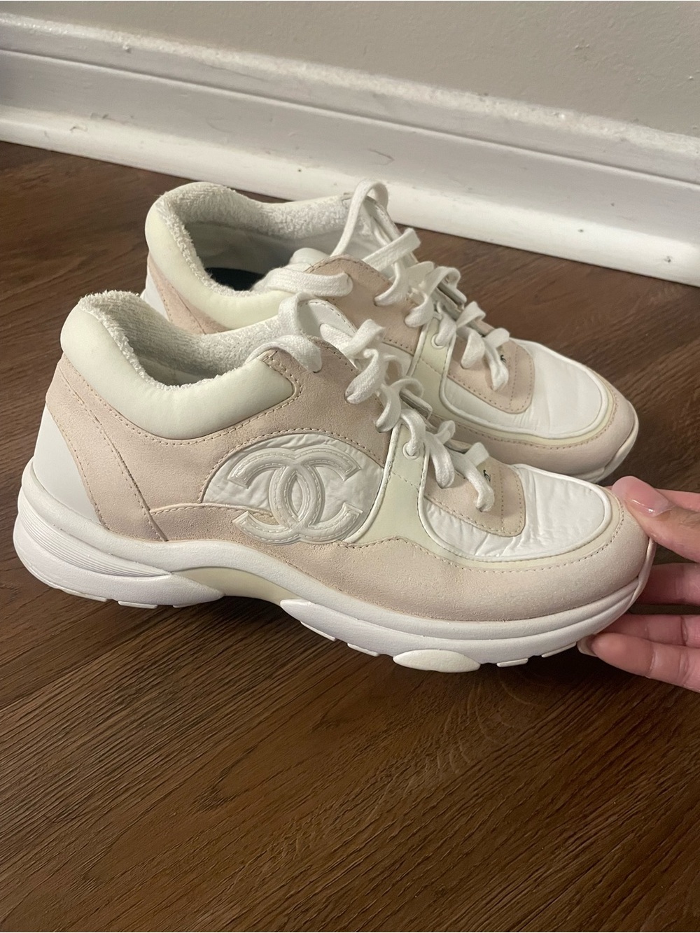 Authentic Chanel Beige and White Low-Top Sneakers